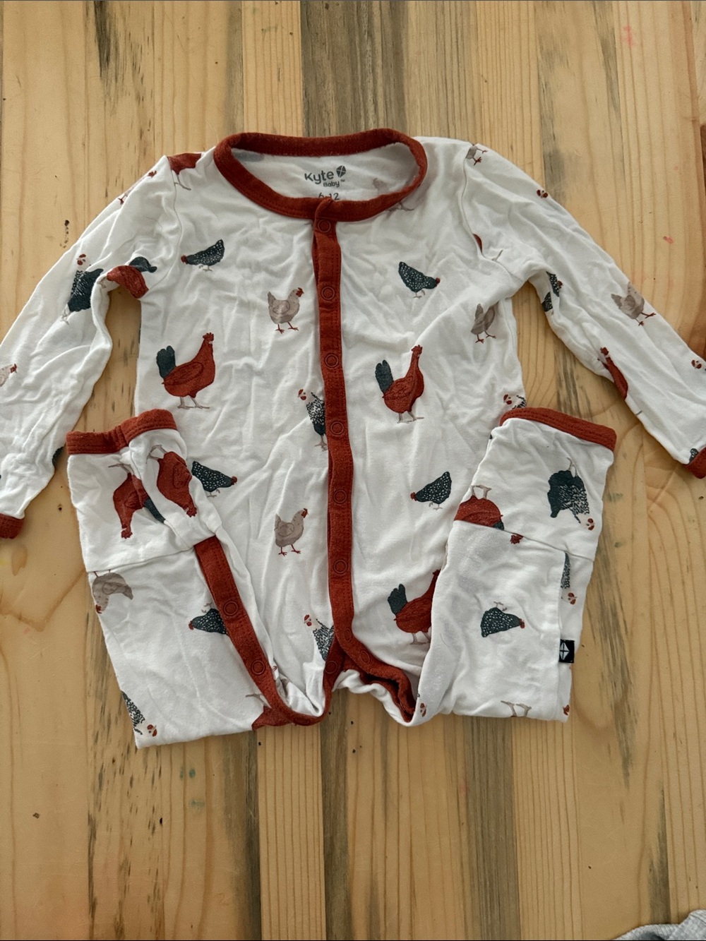 Kyte BABY White Footed Pajamas with Rust Trim and Chicken Motif